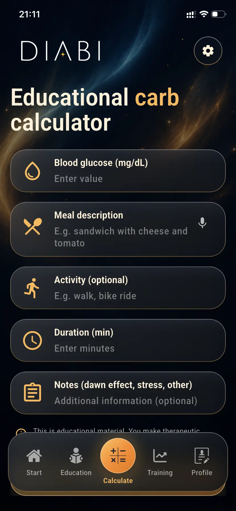 Knowledge training screen in the Diabi app
