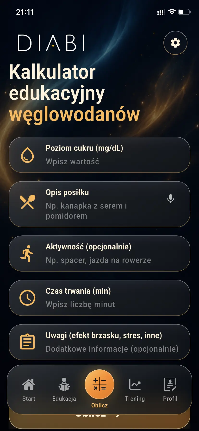 Ekran treningu wiedzy w aplikacji Diabi